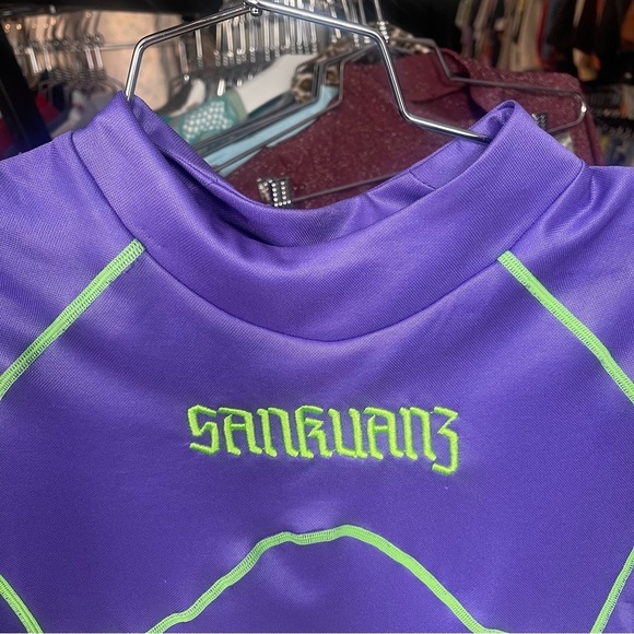 Mens Sankuanz Purple Embroidered Lime Green Biker Shortsleeve Small Top Runway - Picture 2 of 7